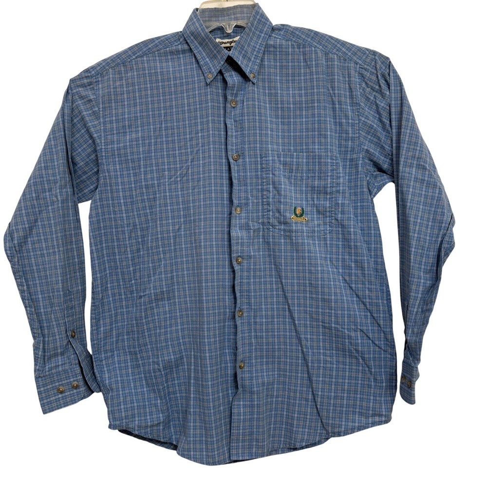 Vtg 90s‎ Wrangler Riata Plaid Shirt Mens XL Blue Crest Logo Long Sleeve Western